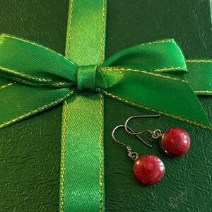 Sterling Silver 925 Red Coral-Style Bead Dangle Earrings